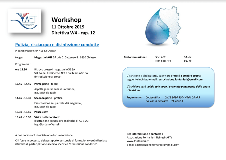 img src="AFT_workshop2019.jpg" alt="Immagine del programma del workshop su pulizia, risciacquo e disinfezione condotte presso AGE Chiasso del 2019"